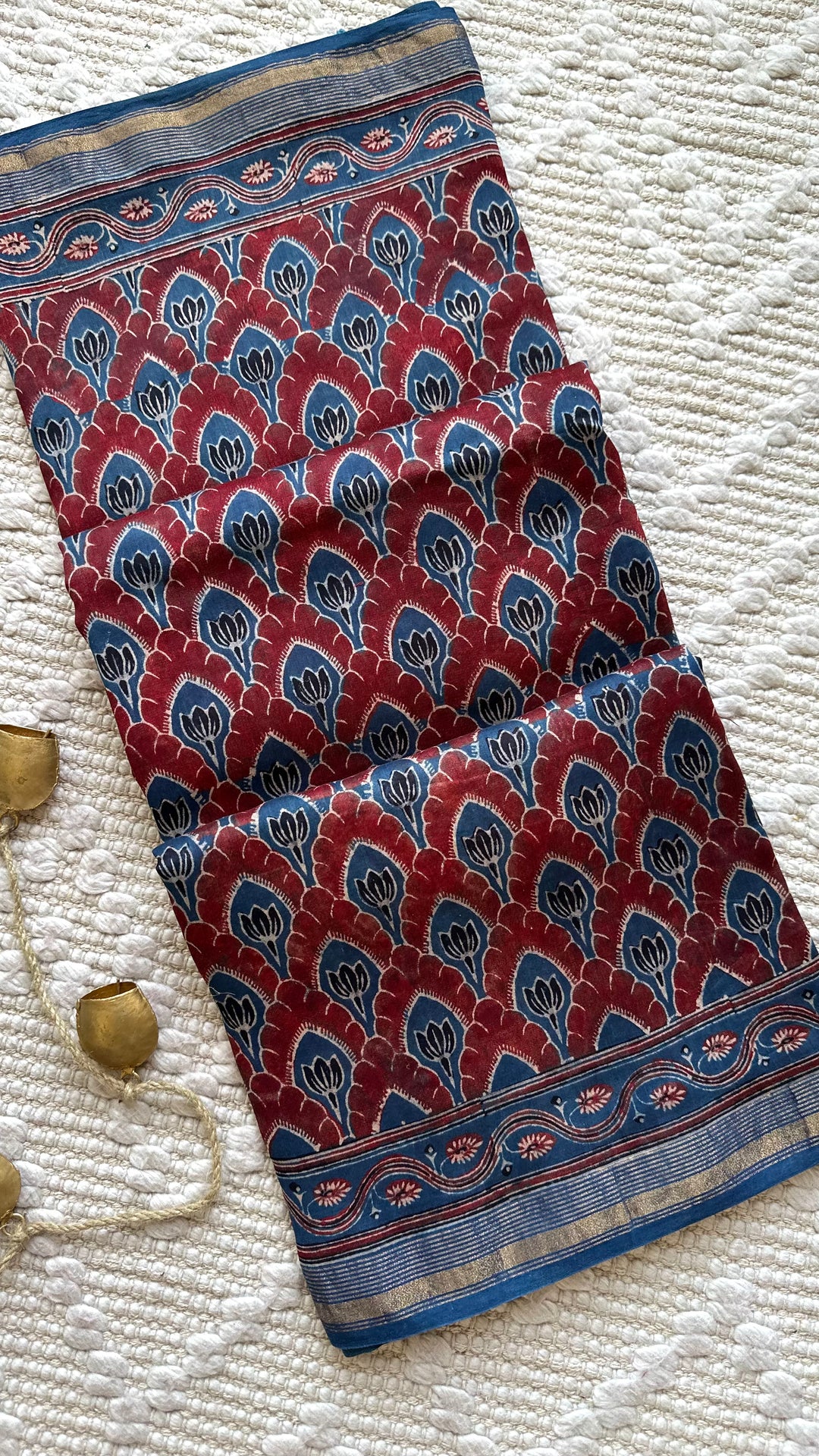 LOTUS PANES - MADDER RED AND INDIGO AJRAKH HAND BLOCK PRINTED SILK COTTON SAREE