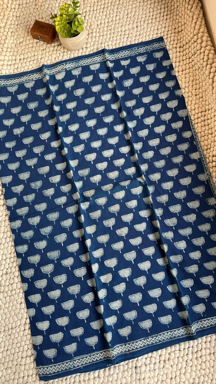 AKOLA INDIGO HAND BLOCK DABU PRINTED SOFT MULMUL COTTON SAREE- 029