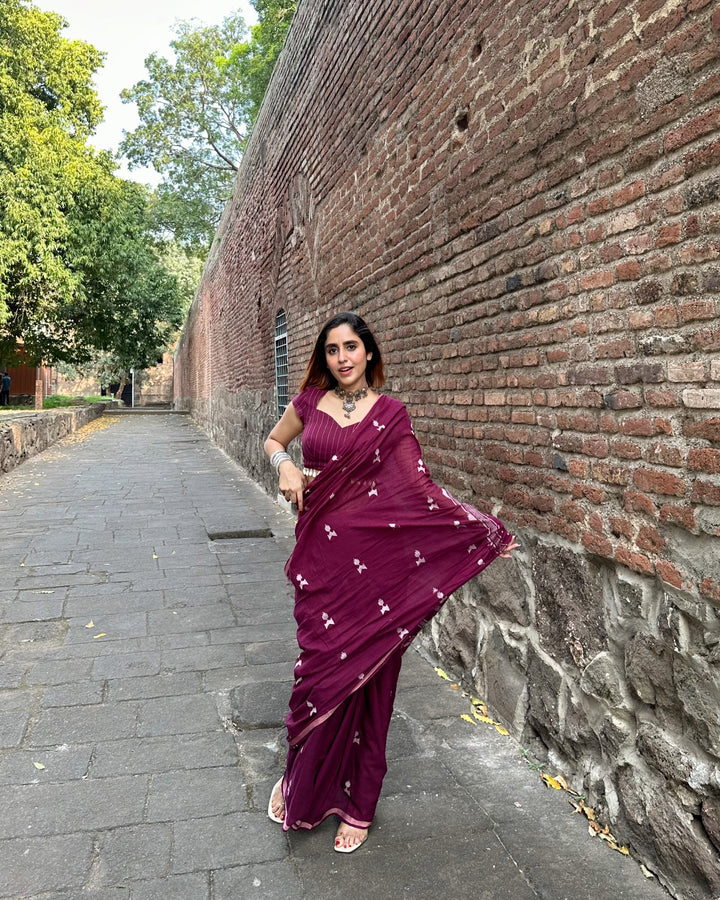 PREMIUM JAMDANI WEAVE HANDWOVEN AND HANDSPUN COTTON SAREE - BURGUNDY WINE