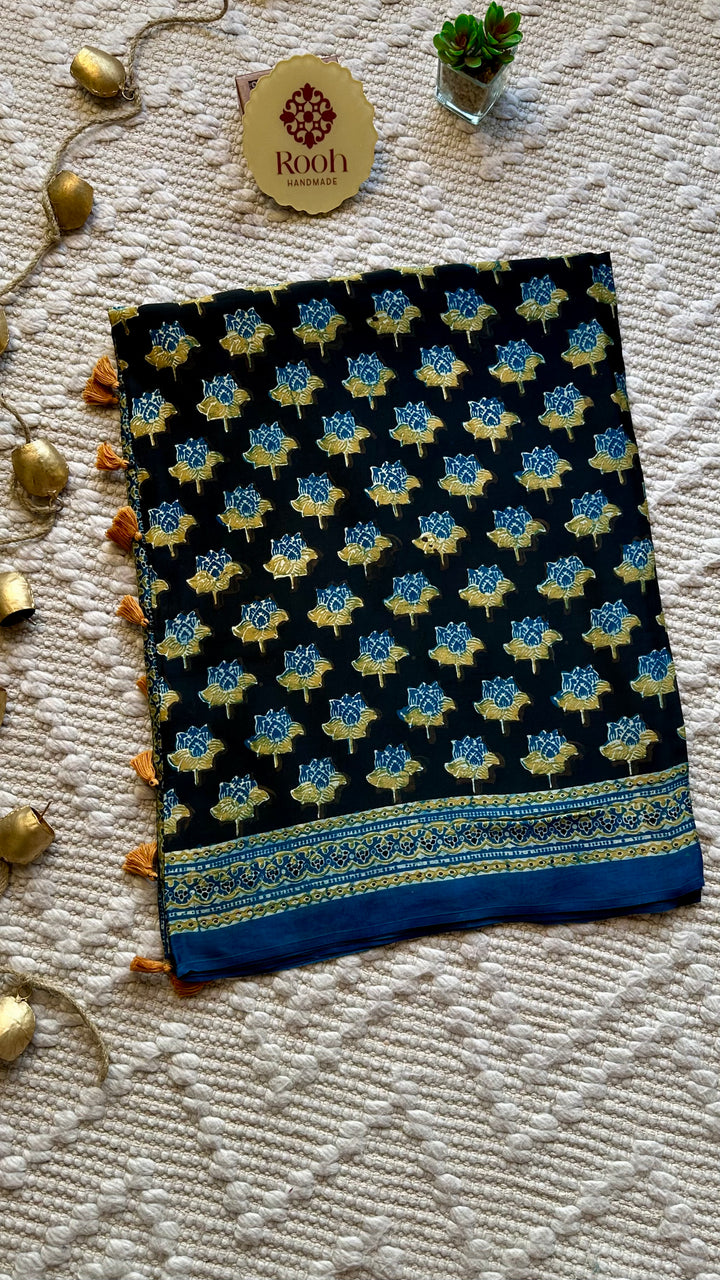 LOTUS BLOOMS 02 - SUPER PREMIUM & BUTTERY SOFT AJRAKH HAND BLOCK PRINTED MODAL SILK SAREE