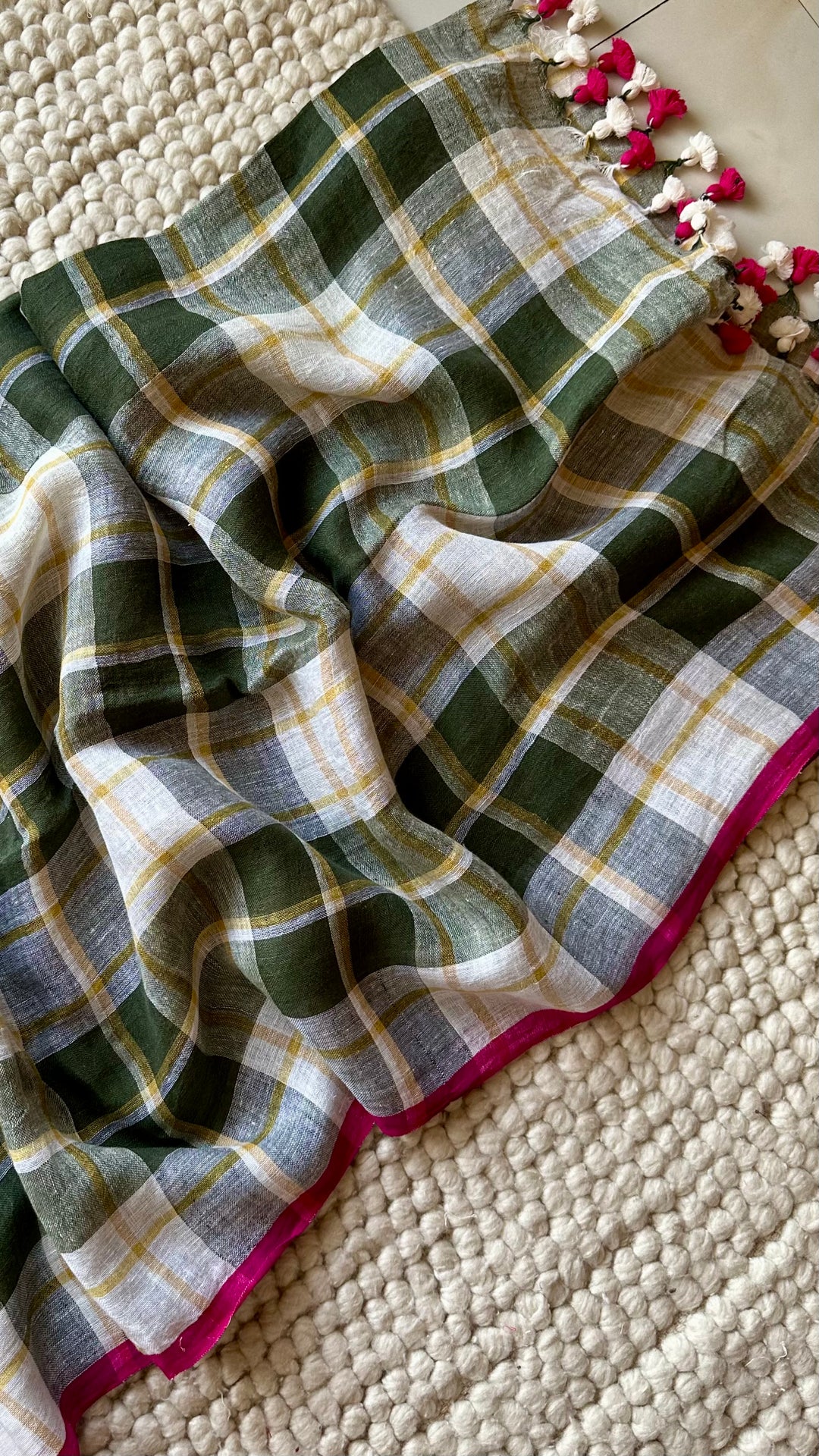 Multi Colour Checked Pure Handwoven Linen Saree - 006