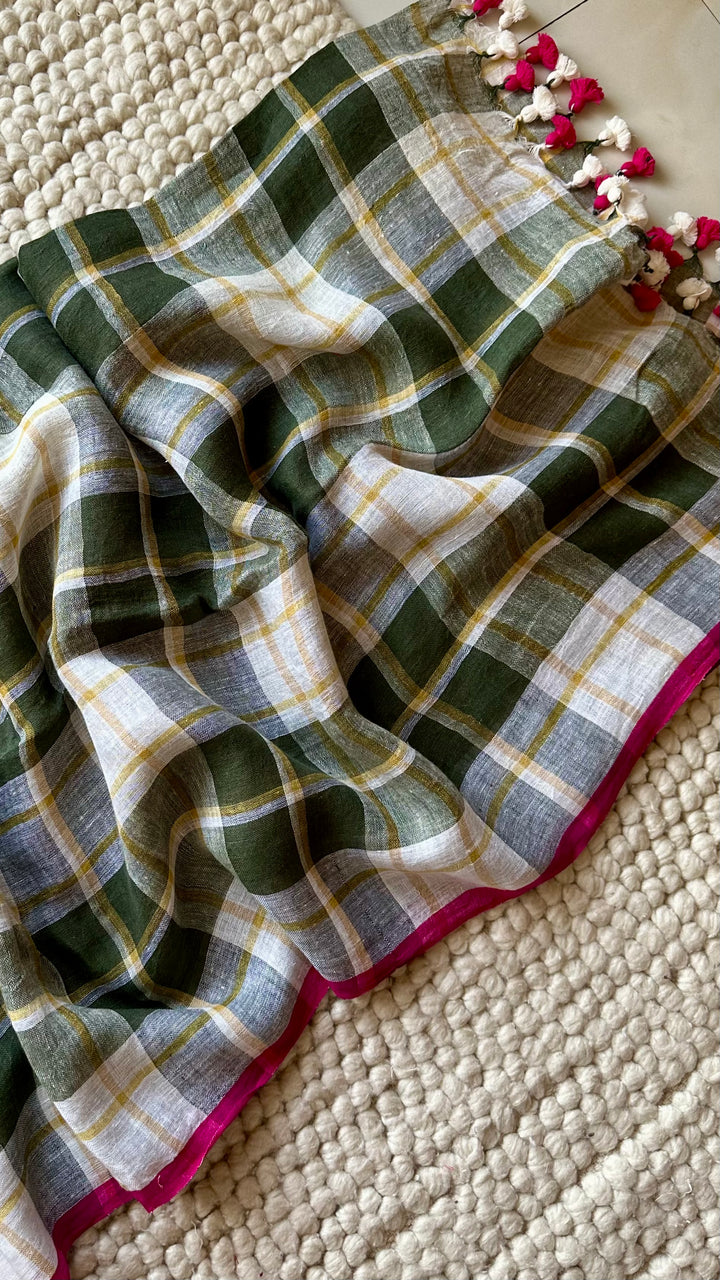 Multi Colour Checked Pure Handwoven Linen Saree - 006