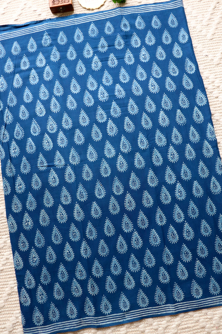 AKOLA INDIGO HAND BLOCK DABU PRINTED SOFT MULMUL COTTON SAREE- 021