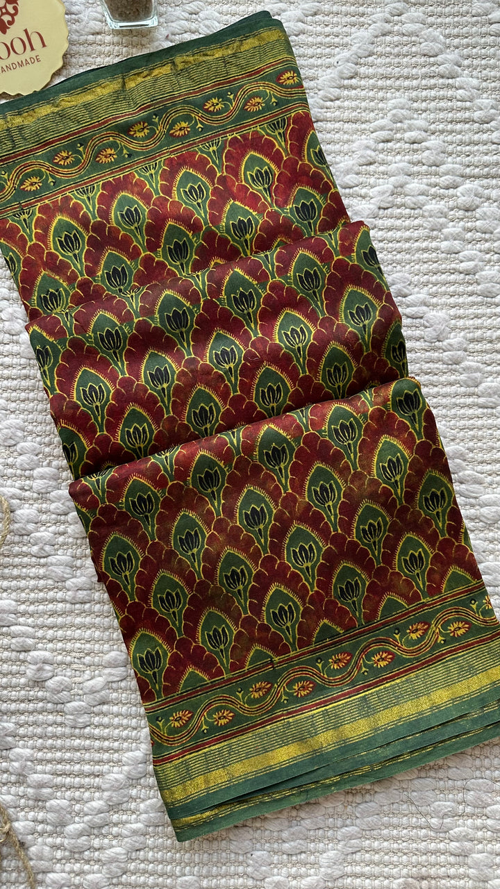 LOTUS PANES - MADDER RED AND GREEN AJRAKH HAND BLOCK PRINTED SILK COTTON SAREE