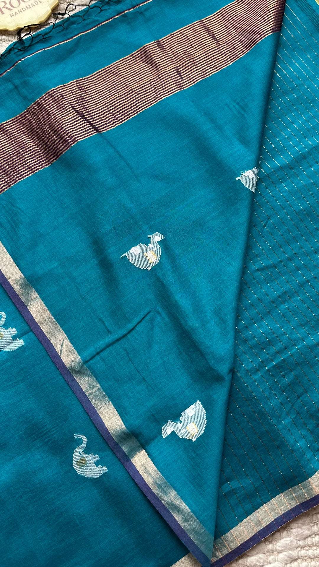 PREMIUM JAMDANI WEAVE HANDWOVEN PURE SILK BY PURE COTTON SAREE - TEAL BLUE
