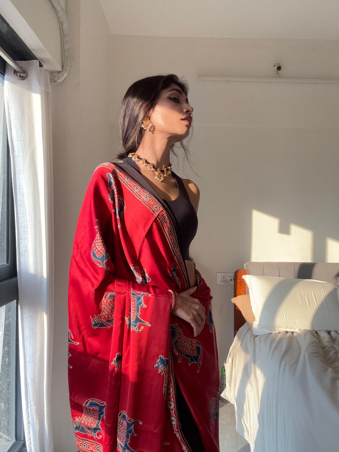 MADDER RED & INDIGO PICHWAI NANDI - AJRAKH HAND BLOCK PRINTED MODAL SILK SAREE