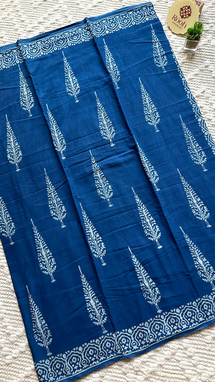 AKOLA INDIGO HAND BLOCK DABU PRINTED SOFT MULMUL COTTON SAREE- 016