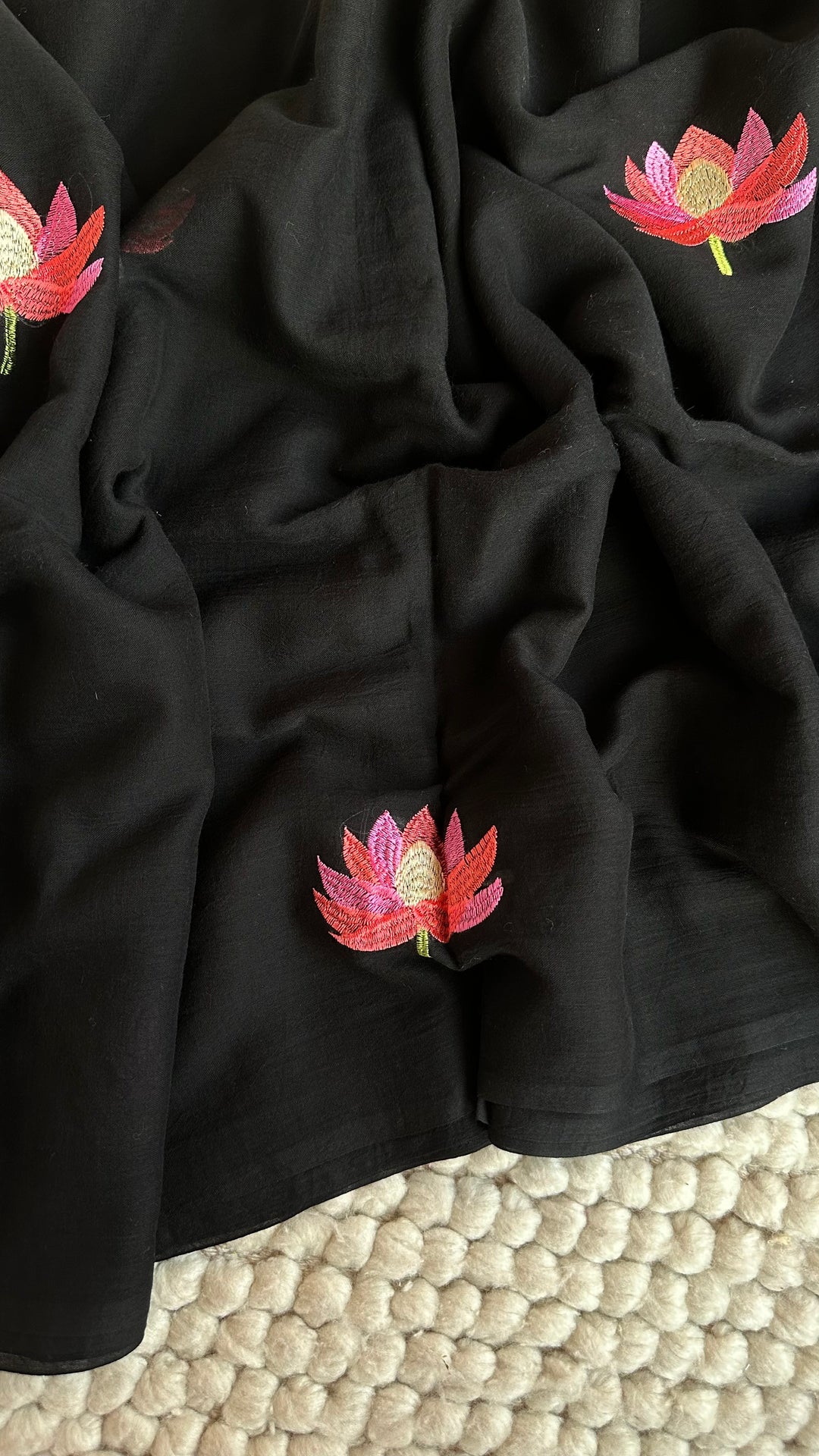 DEEP BLACK - LOTUS EMBROIDERED PURE SUPER SOFT MULMUL COTTON SAREE