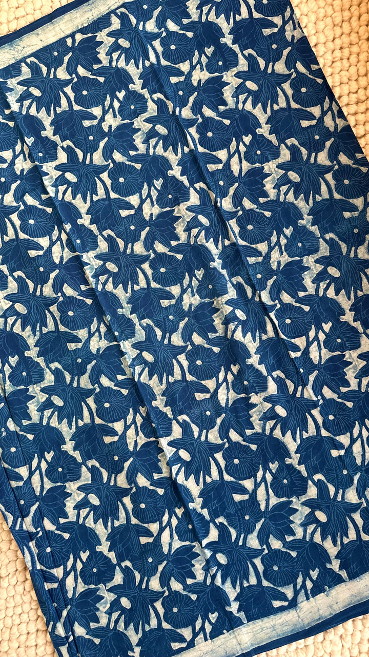 AKOLA INDIGO HAND BLOCK DABU PRINTED SOFT MULMUL COTTON SAREE- 002