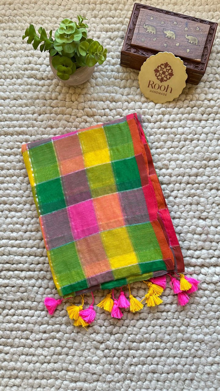 HANDWOVEN MULTICOLOUR ZARI CHECKS PURE MULMUL COTTON SAREE - 06