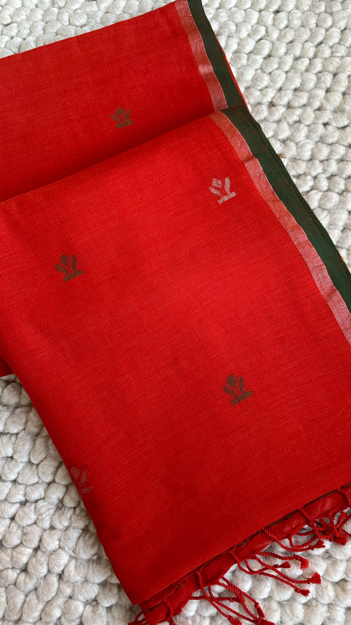 PREMIUM NEEDLE WORK JAMDANI HANDWOVEN AND HANDSPUN COTTON SAREE - RUST ORANGE