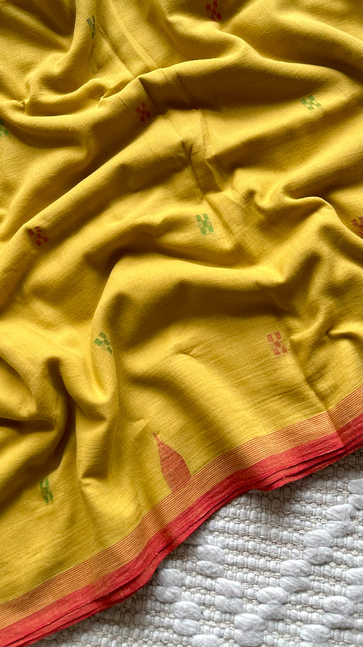 PREMIUM JAMDANI WEAVE HANDWOVEN AND HANDSPUN COTTON SAREE -  AMBER YELLOW