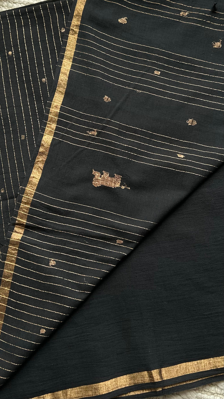 PREMIUM JAMDANI WEAVE HANDWOVEN AND HANDSPUN COTTON SAREE - RAVEN BLACK