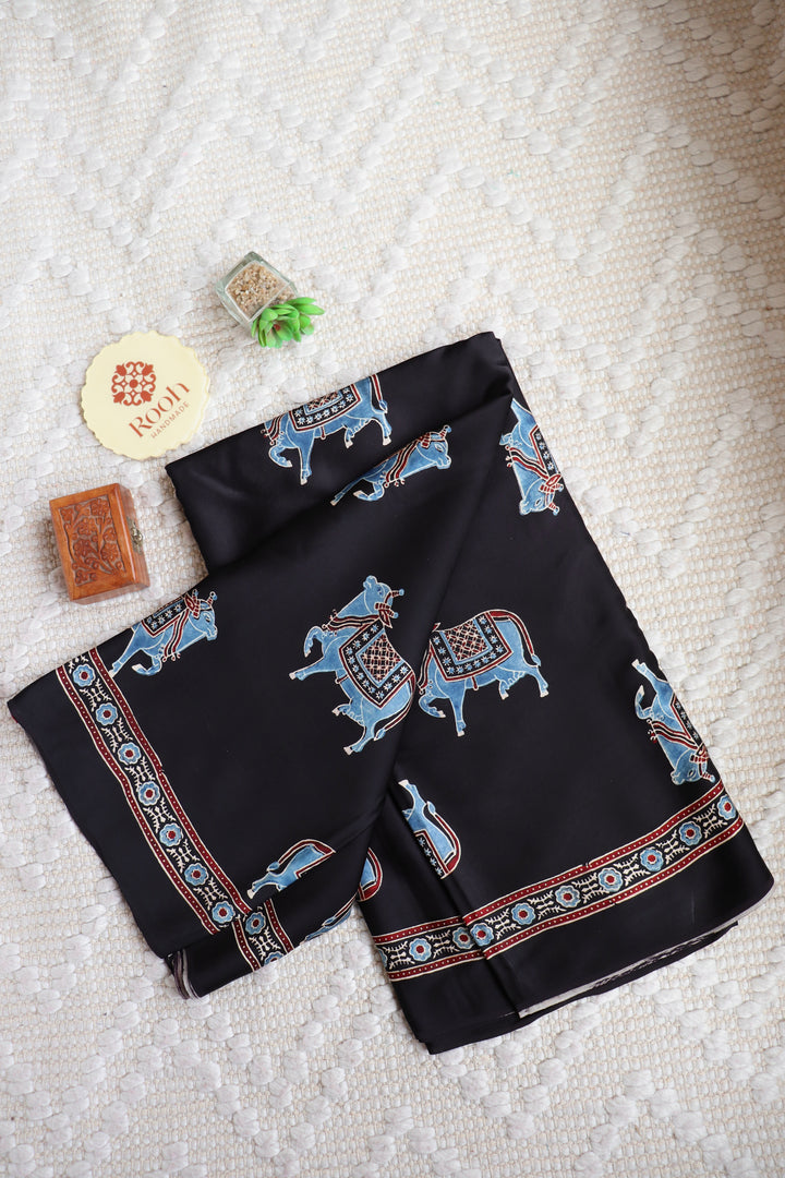 BLUE NANDI PICHWAI - BLACK PREMIUM AJRAKH HAND BLOCK PRINTED MODAL SILK SAREE (ONLY AVAILABLE ON PRE ORDER - DISPATCH TIME IS 30-40 DAYS)