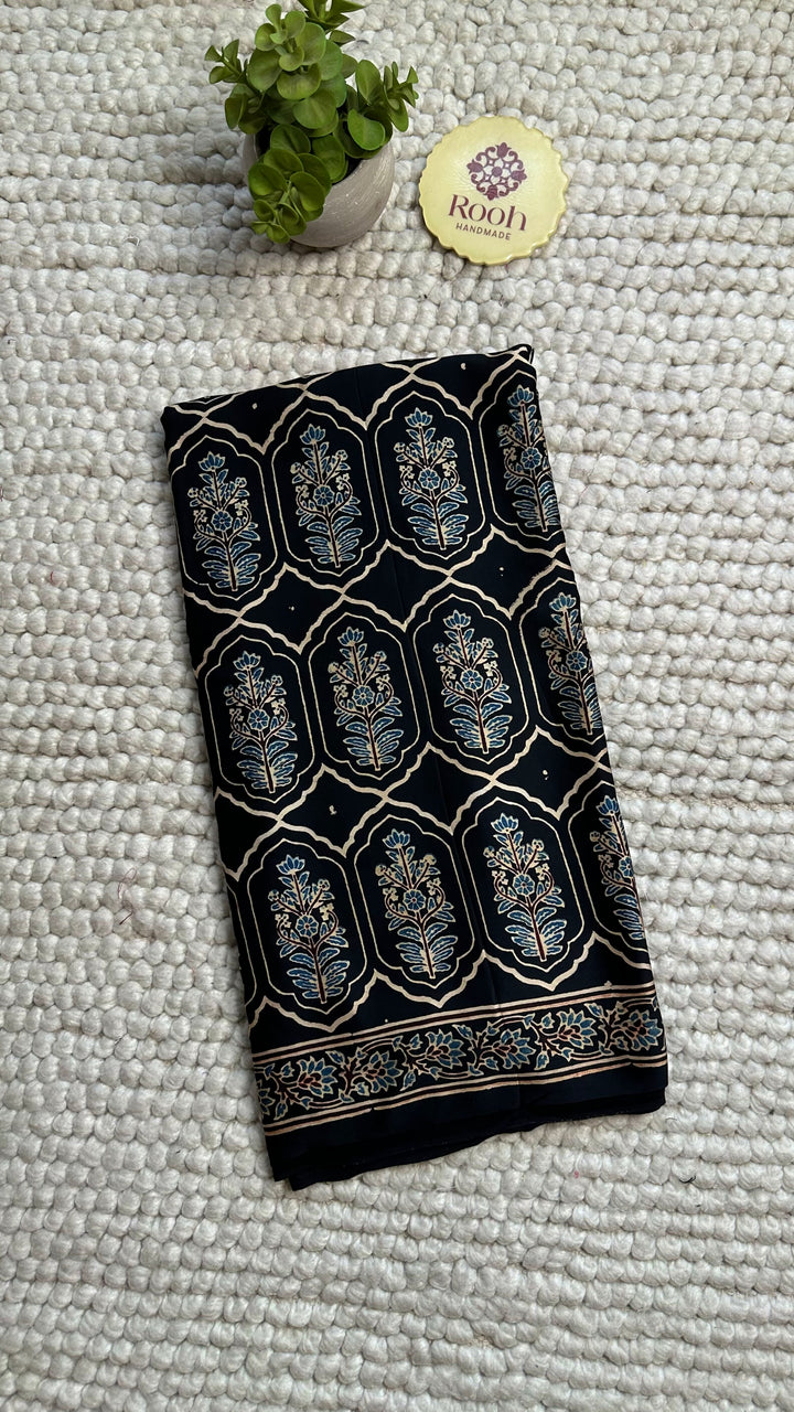 JHAROKHA- MIDNIGHT BLACK AJRAKH HAND BLOCK PRINTED PREMIUM MODAL SILK SAREE