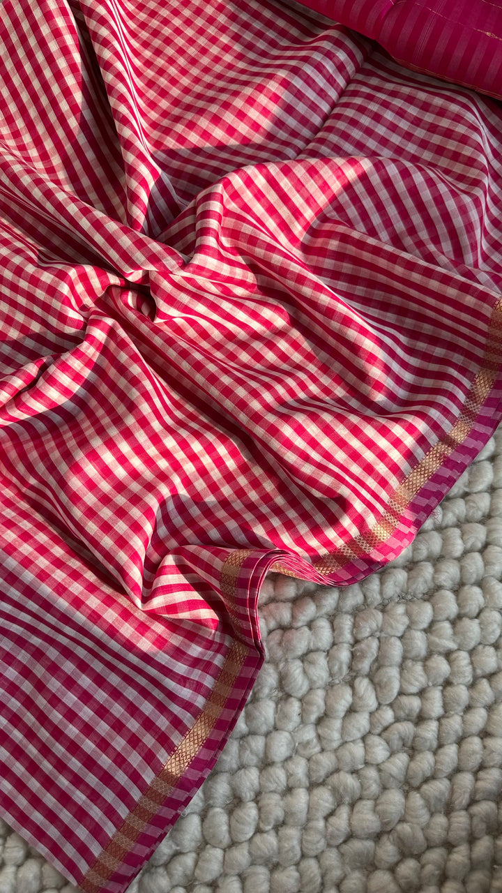 RANI PINK CHECKS - PREMIUM HANDWOVEN MAHESHWARI SILK BY COTTON SAREE (DISPATCH TIME IS 15-20 DAYS)