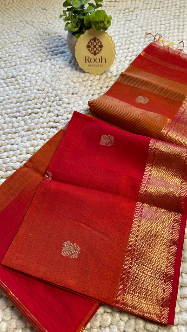 WARM RED & SUNSHINE YELLOW DUAL TONE- PREMIUM HANDWOVEN MAHESHWARI SILK BY COTTON SAREE