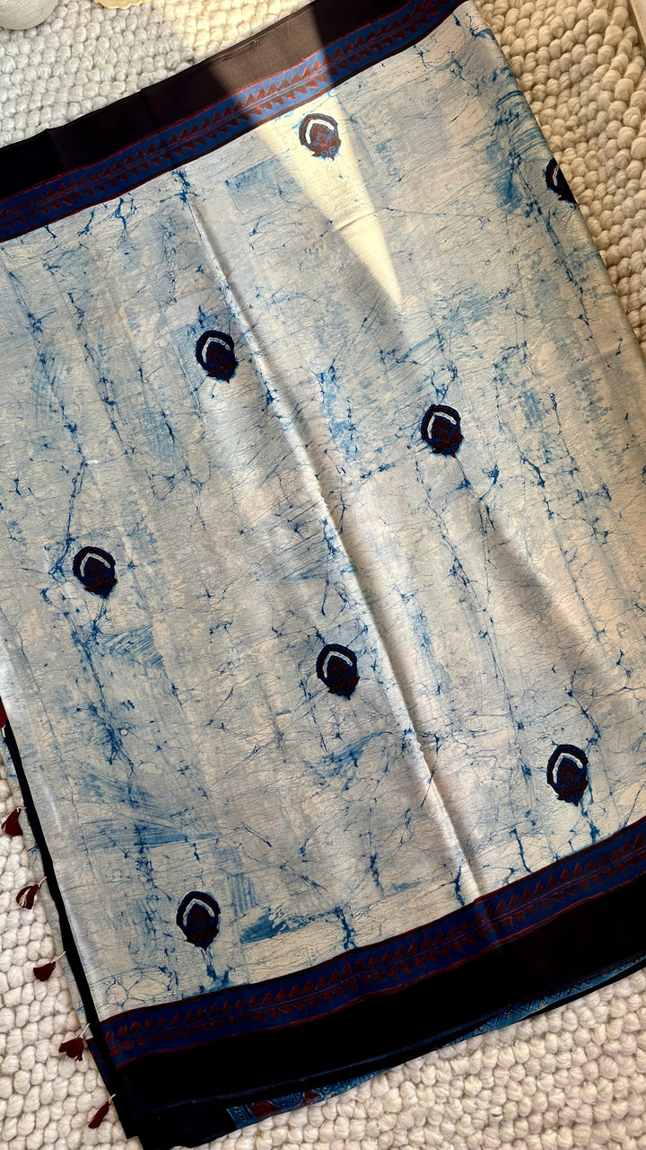 MARBLE INDIGO CHARMS  - AJRAKH HAND BLOCK PRINTED PREMIUM MODAL SILK SAREE