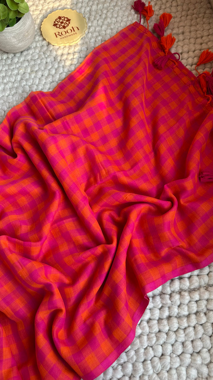 MULTICOLOUR CHECKS PURE SUPER SOFT MULMUL COTTON SAREE - 016