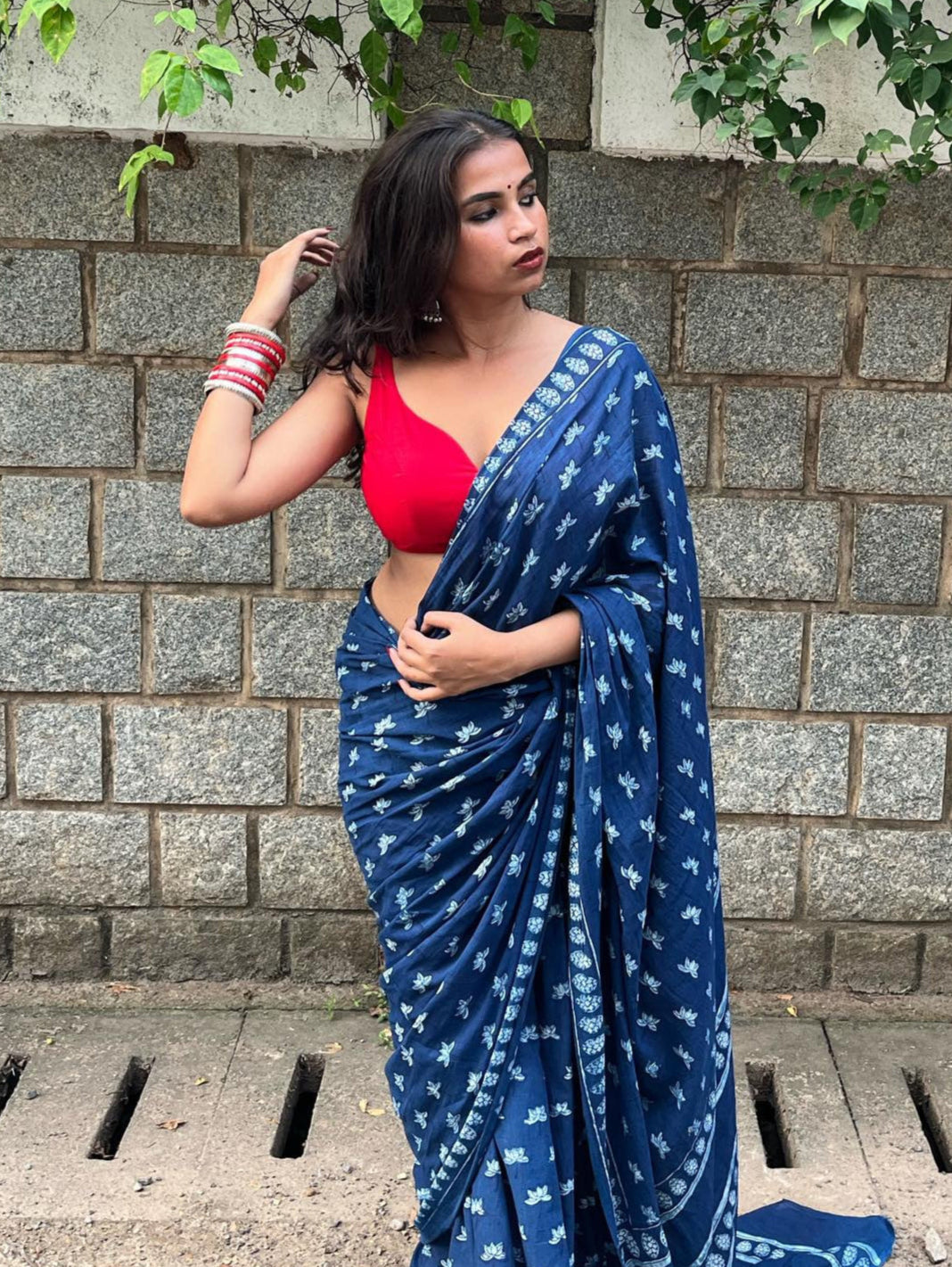 AKOLA INDIGO HAND BLOCK DABU PRINTED SOFT MULMUL COTTON SAREE- 006