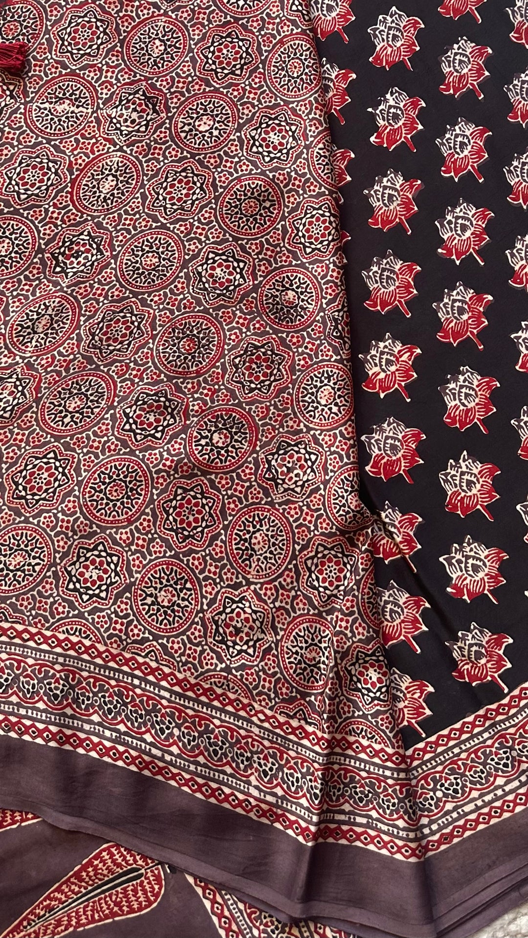 LOTUS BLOOMS 01 - SUPER PREMIUM & BUTTERY SOFT AJRAKH HAND BLOCK PRINTED MODAL SILK SAREE