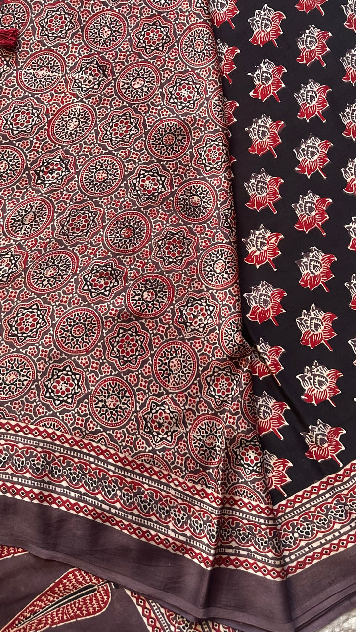 LOTUS BLOOMS 01 - SUPER PREMIUM & BUTTERY SOFT AJRAKH HAND BLOCK PRINTED MODAL SILK SAREE