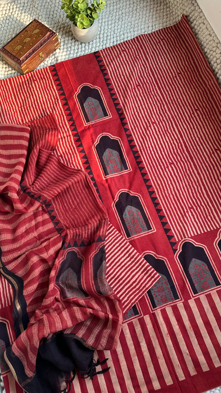 AJRAKH HANDBLOCK PRINTED UNSTITCHED DRESS MATERIAL (SET OF THREE)- MADDER RED LOVE