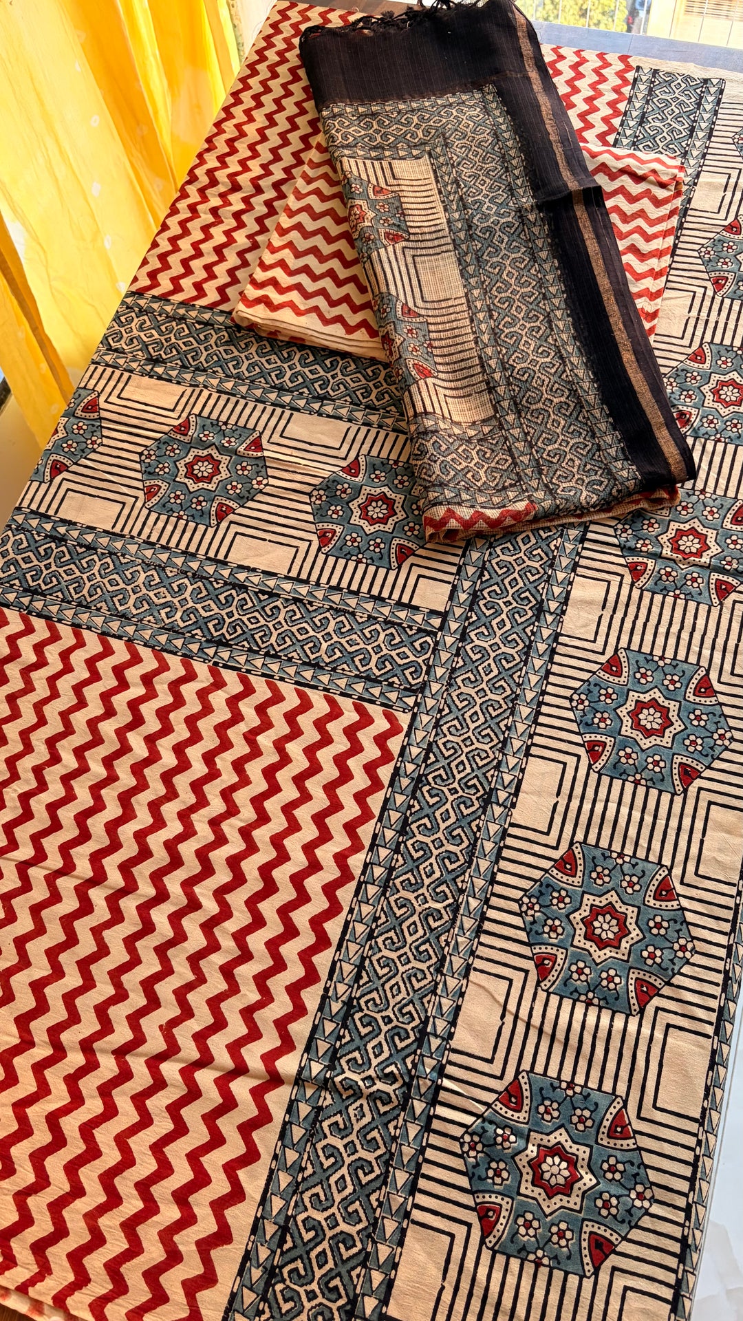 AJRAKH HANDBLOCK PRINTED UNSTITCHED DRESS MATERIAL (SET OF THREE)- BEIGE LOVE