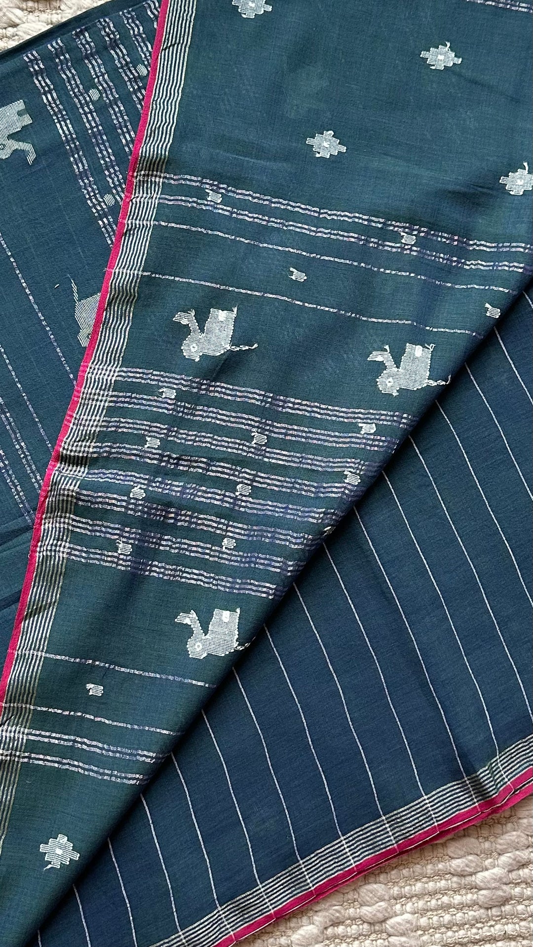 PREMIUM JAMDANI WEAVE HANDWOVEN AND HANDSPUN COTTON SAREE - PEACOCK BLUE
