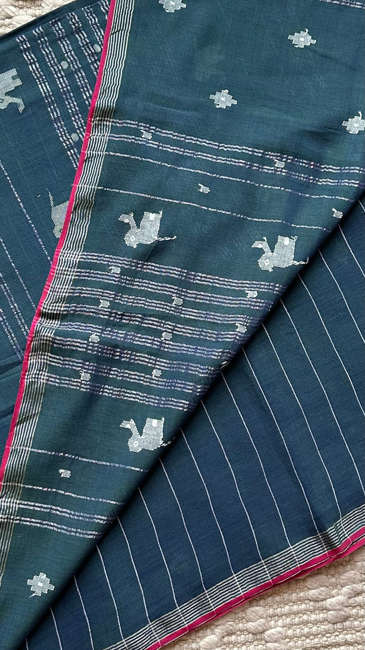 PREMIUM JAMDANI WEAVE HANDWOVEN AND HANDSPUN COTTON SAREE - PEACOCK BLUE