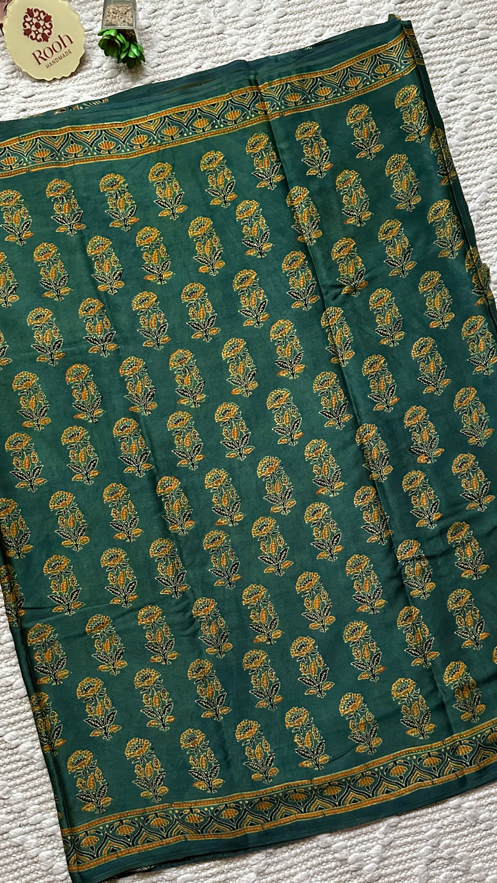 MAHIKA - DEEP GREEN PREMIUM AJRAKH HAND BLOCK PRINTED MODAL SILK SAREE