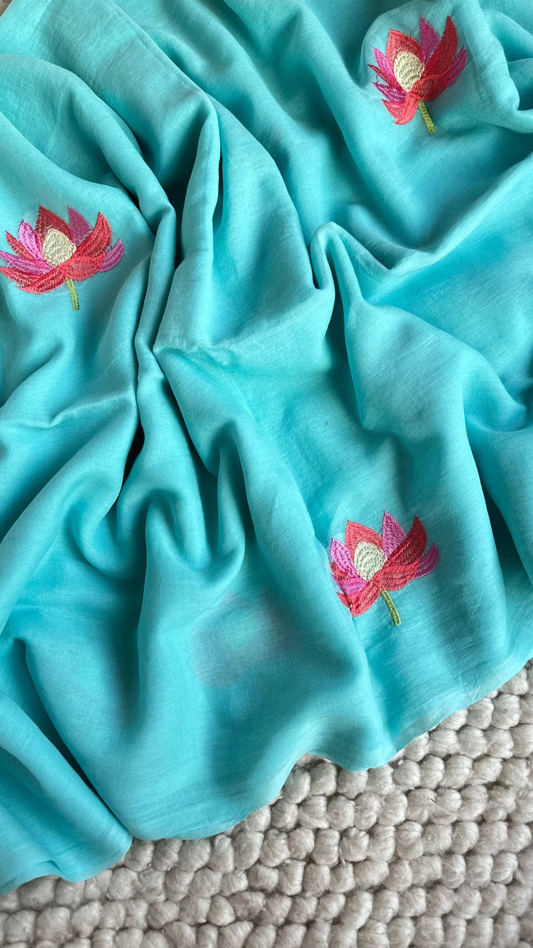 SKY BLUE - LOTUS EMBROIDERED PURE SUPER SOFT MULMUL COTTON SAREE