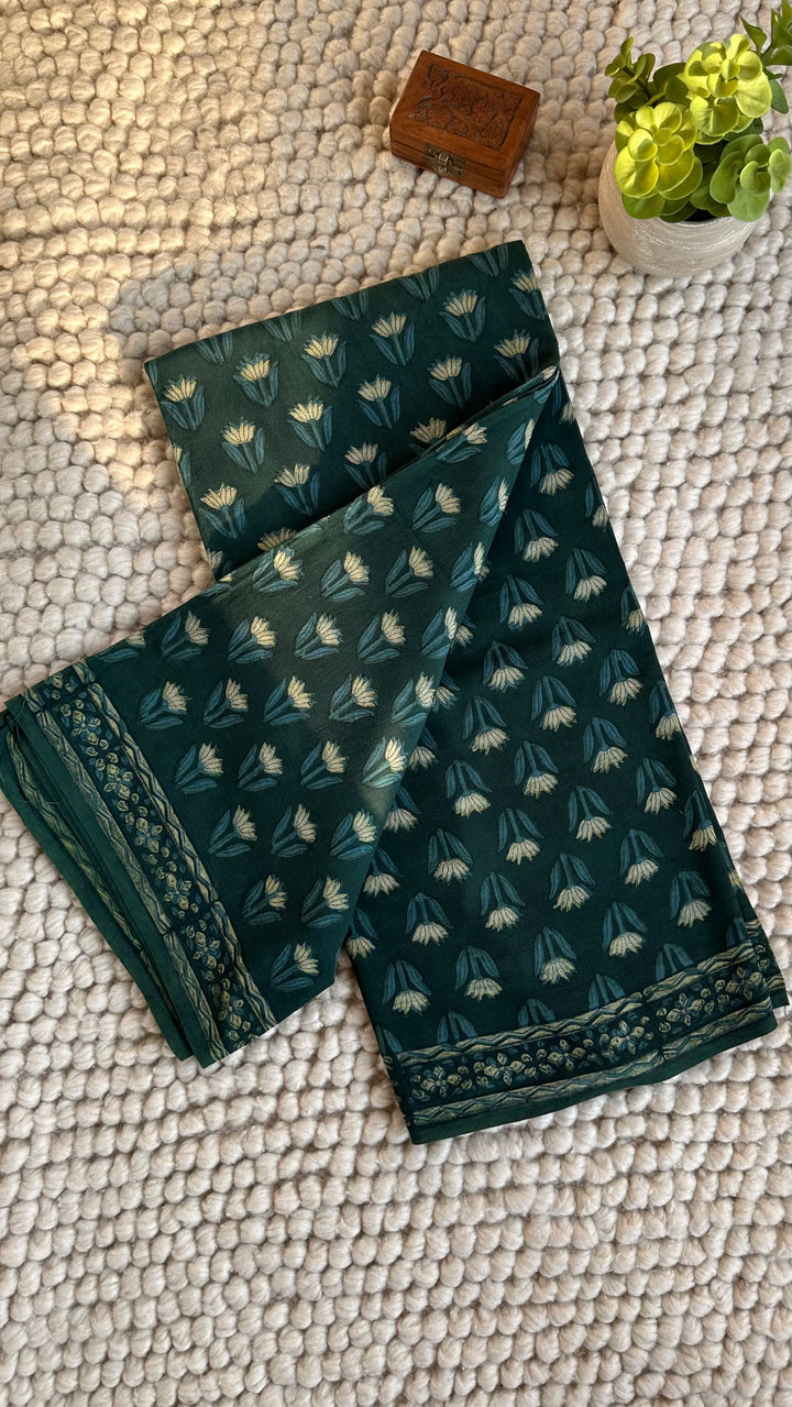 AKOLA INDIGO GREEN HAND BLOCK DABU PRINTED SOFT MULMUL COTTON SAREE- 032