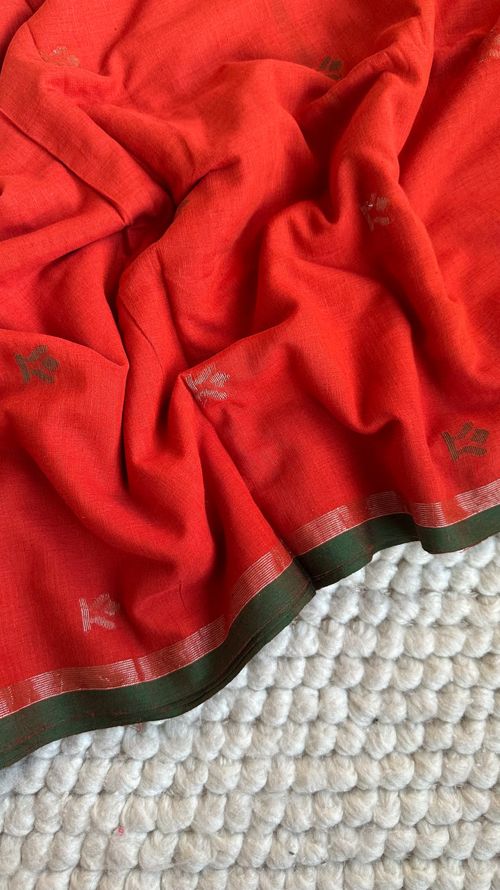 PREMIUM NEEDLE WORK JAMDANI HANDWOVEN AND HANDSPUN COTTON SAREE - RUST ORANGE