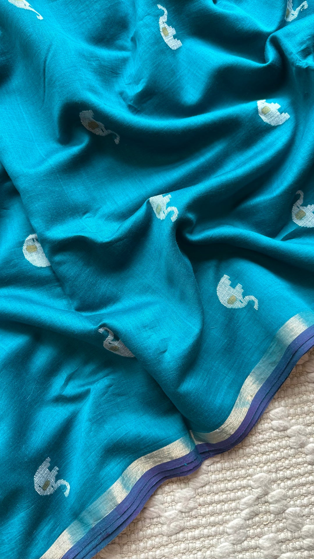 PREMIUM JAMDANI WEAVE HANDWOVEN PURE SILK BY PURE COTTON SAREE - TEAL BLUE