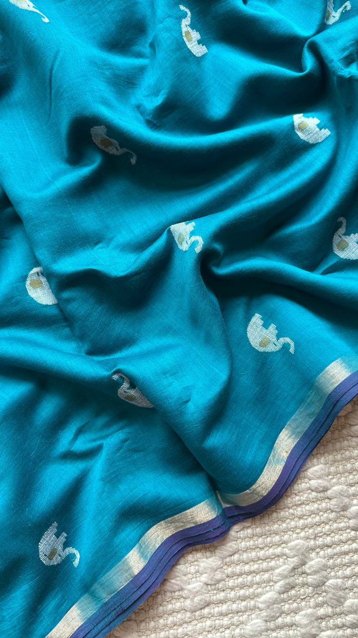 PREMIUM JAMDANI WEAVE HANDWOVEN PURE SILK BY PURE COTTON SAREE - TEAL BLUE