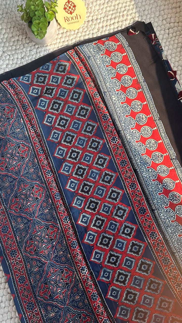 ABSTRACT DOTS & LINES - PREMIUM HALF AND HALF AJRAKH HAND BLOCK PRINTED PREMIUM MODAL SILK SAREE