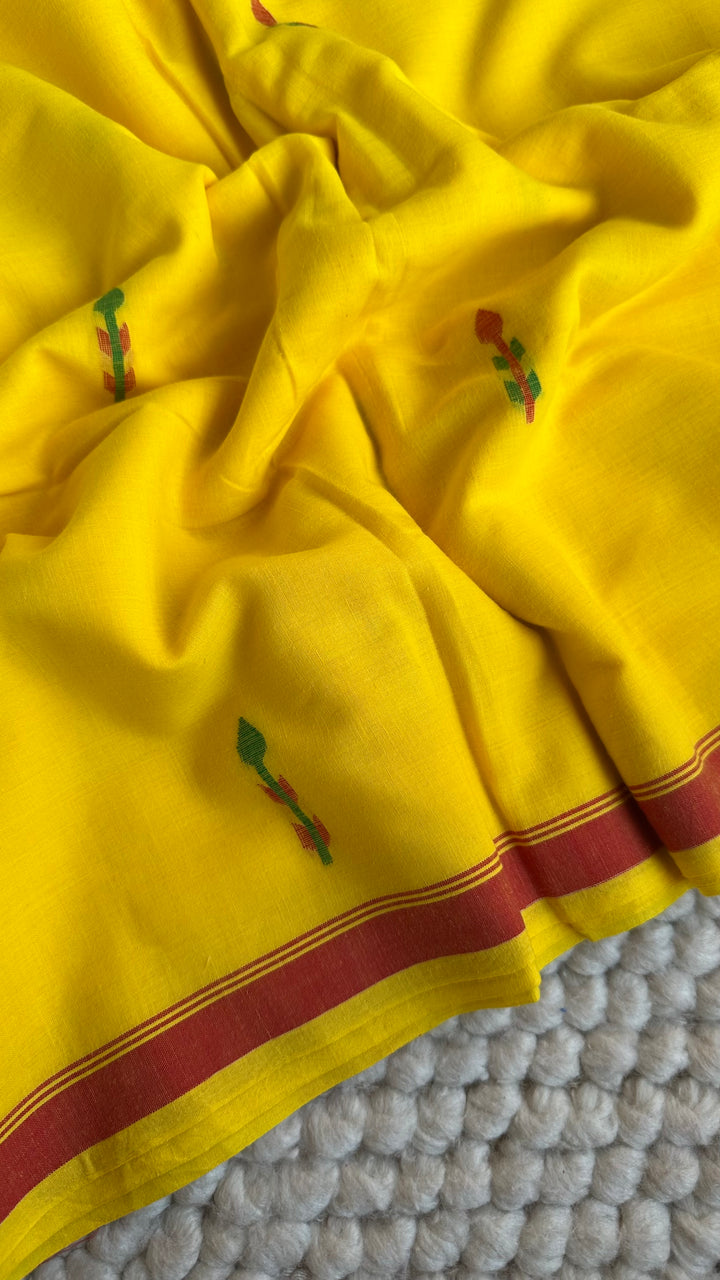 PREMIUM NEEDLE WORK JAMDANI HANDWOVEN AND HANDSPUN COTTON SAREE - MUSTARD YELLOW