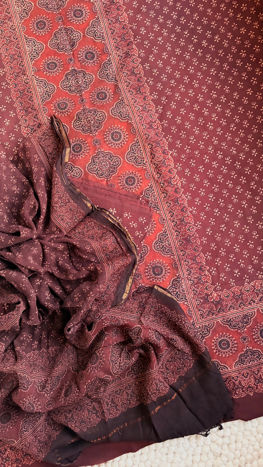 AJRAKH HANDBLOCK PRINTED UNSTITCHED DRESS MATERIAL (SET OF THREE)- CHOCOLATE BROWN
