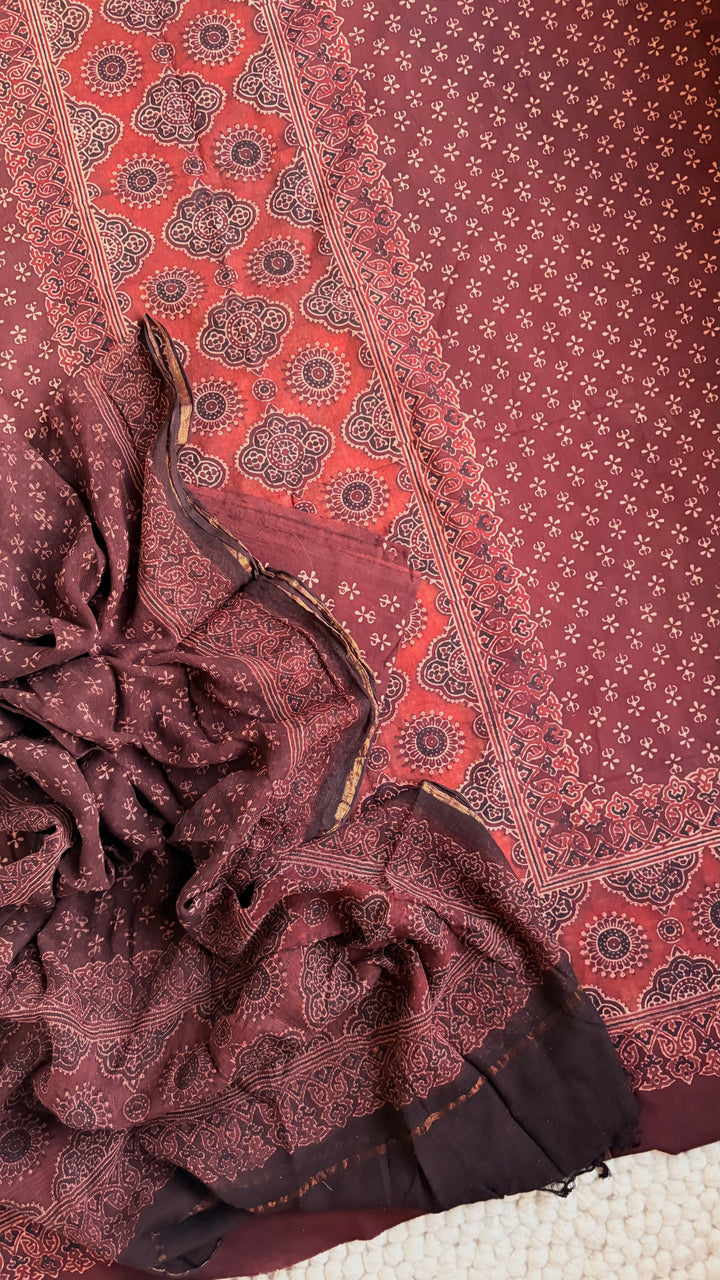 AJRAKH HANDBLOCK PRINTED UNSTITCHED DRESS MATERIAL (SET OF THREE)- CHOCOLATE BROWN