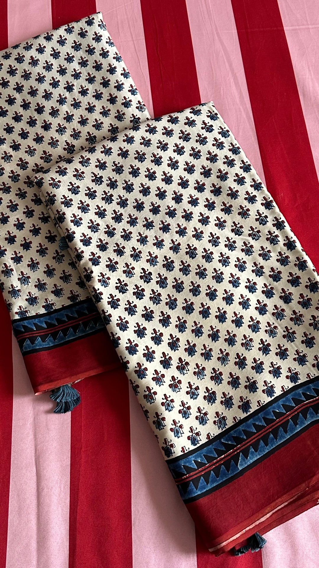 KIARA - IVORY AND MADDER RED AJRAKH HAND BLOCK PRINTED PREMIUM MODAL SILK SAREE
