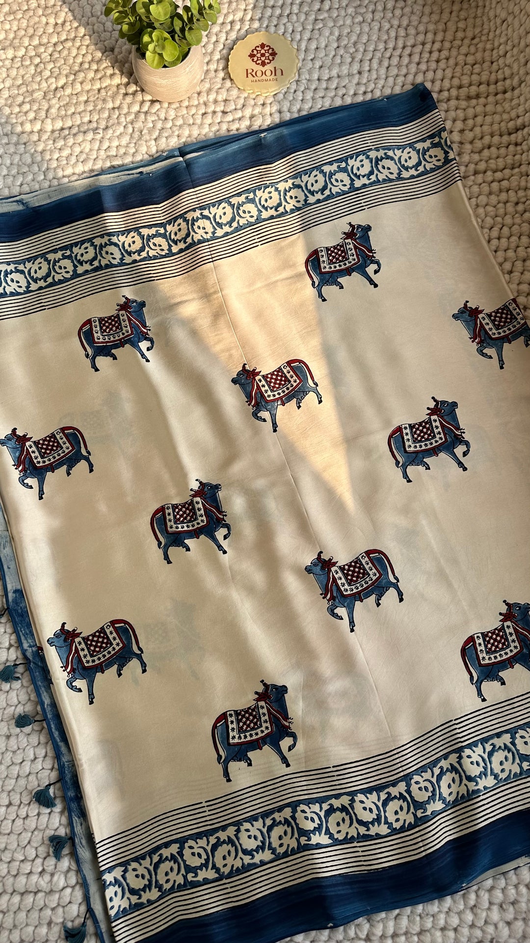 IVORY AND INDIGO PICHWAI  - AJRAKH HAND BLOCK PRINTED PREMIUM MODAL SILK SAREE (ONLY AVAILABLE ON PRE-ORDER - DISPATCH TIME IS 30-35 DAYS)