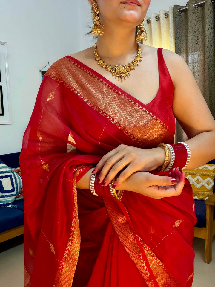 VERMILLION RED - SUPER PREMIUM HANDWOVEN MAHESHWARI PURE SILK COTTON SAREE