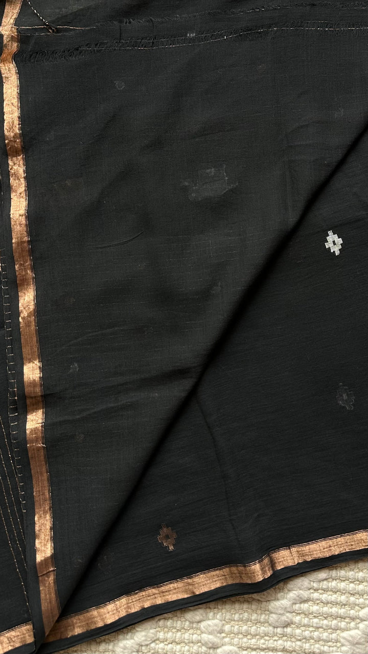 PREMIUM JAMDANI WEAVE HANDWOVEN AND HANDSPUN COTTON SAREE - RICH BLACK