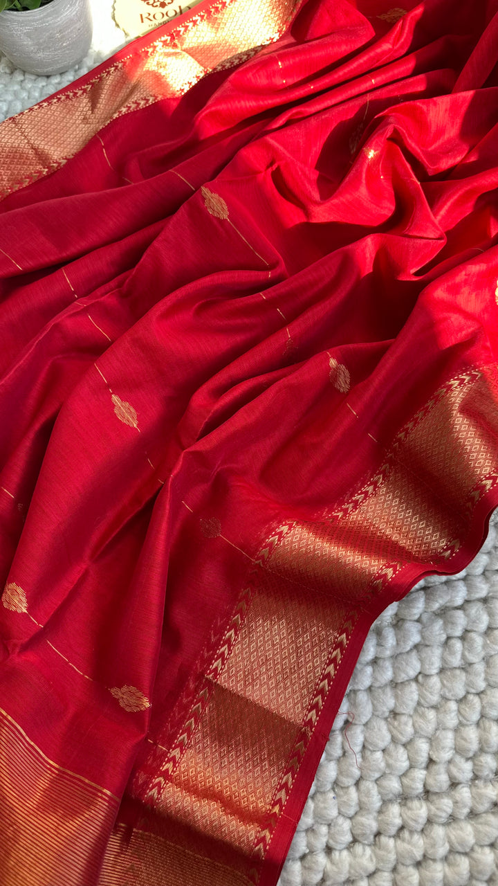 VERMILLION RED - SUPER PREMIUM HANDWOVEN MAHESHWARI PURE SILK COTTON SAREE
