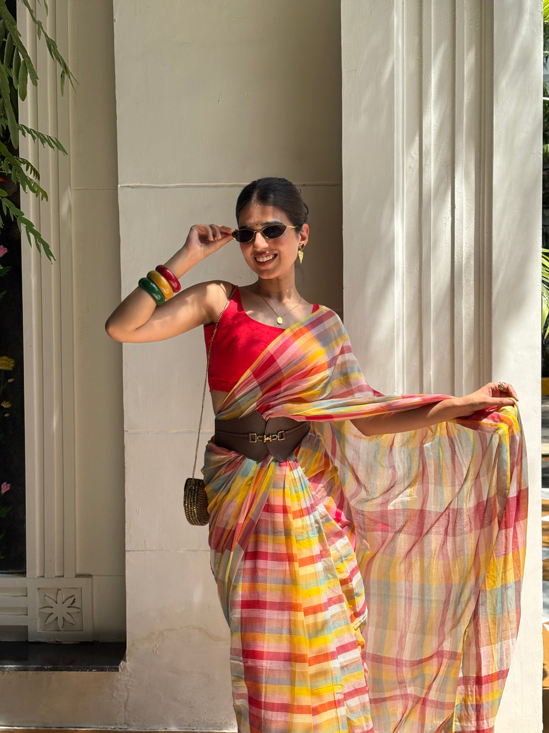 HANDWOVEN MULTICOLOUR CHECKERED MULMUL COTTON SAREE - 04 (DISPATCH TIME - 7 TO 10 DAYS)
