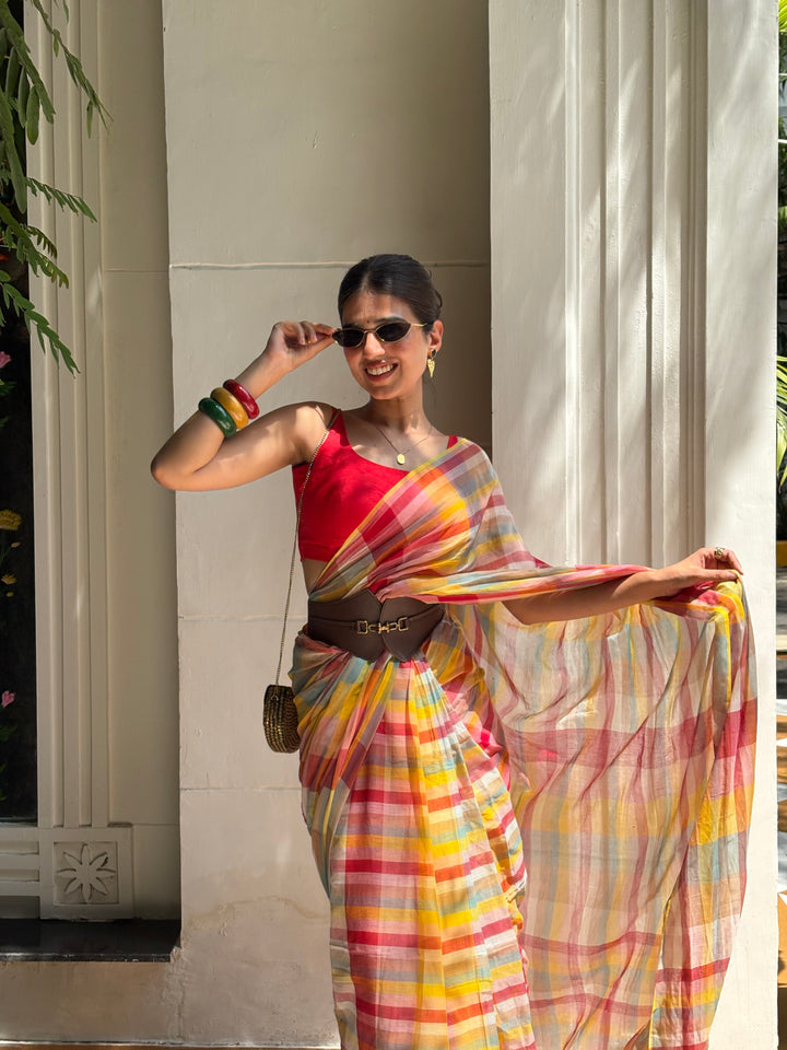HANDWOVEN MULTICOLOUR CHECKERED MULMUL COTTON SAREE - 04 (DISPATCH TIME - 7 TO 10 DAYS)