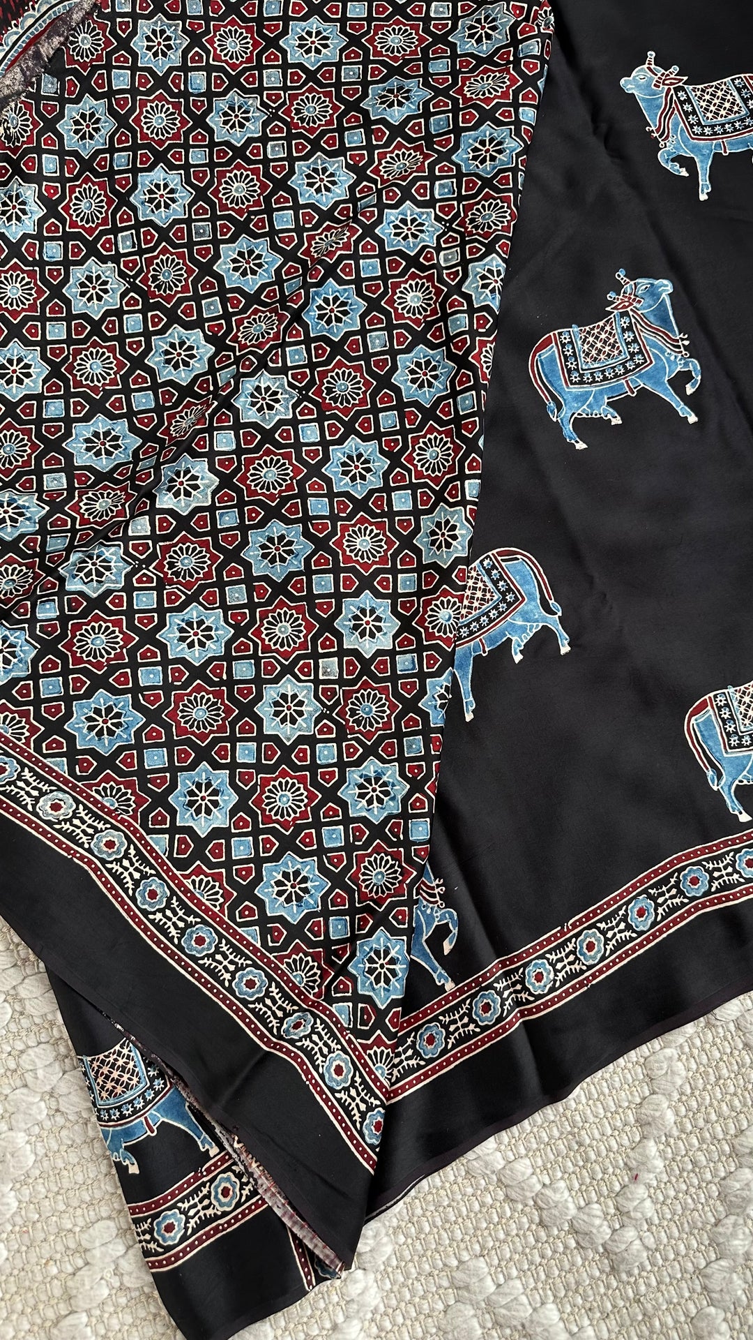 BLUE NANDI PICHWAI - BLACK PREMIUM AJRAKH HAND BLOCK PRINTED MODAL SILK SAREE (ONLY AVAILABLE ON PRE ORDER - DISPATCH TIME IS 30-40 DAYS)