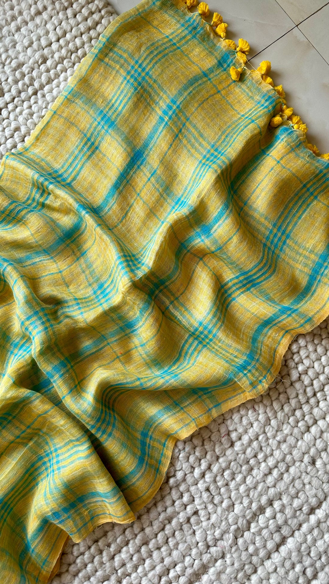 Multi Colour Checked Pure Handwoven Linen Saree - 005