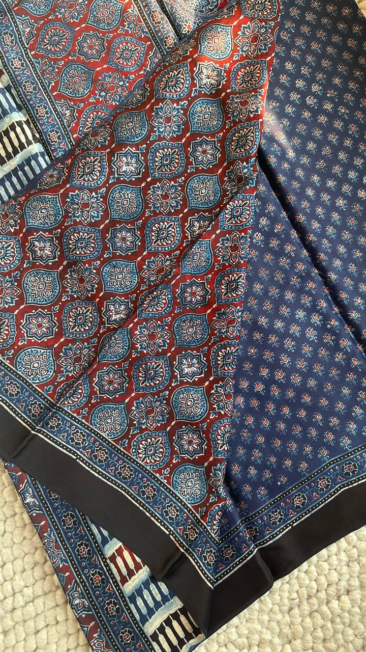 INDIGO BLOOMS - PREMIUM HALF AND HALF AJRAKH HAND BLOCK PRINTED PREMIUM MODAL SILK SAREE